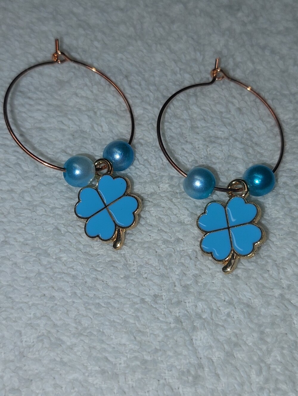 Blue Four-Leaf Clover Hoop Earrings with Bead Accents